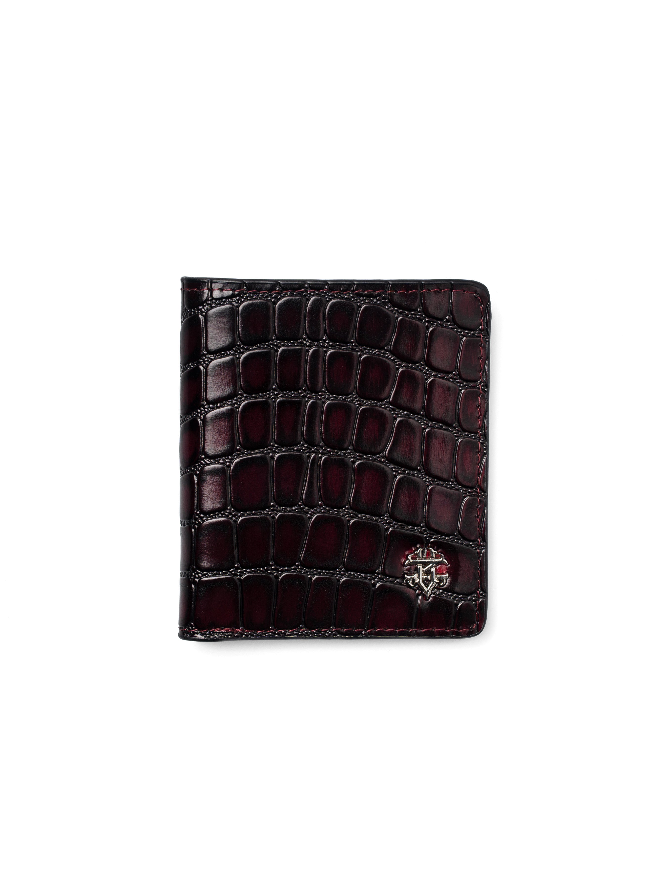 ScalatoFoldingWalletWineRedCrocoLeatherFront - Zeve