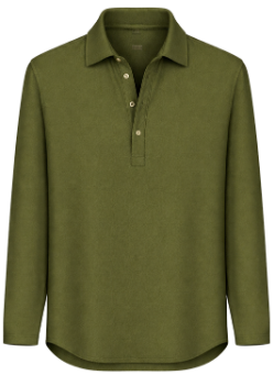 Olive green long sleeve polo shirt for men, stylish casual wear with button placket