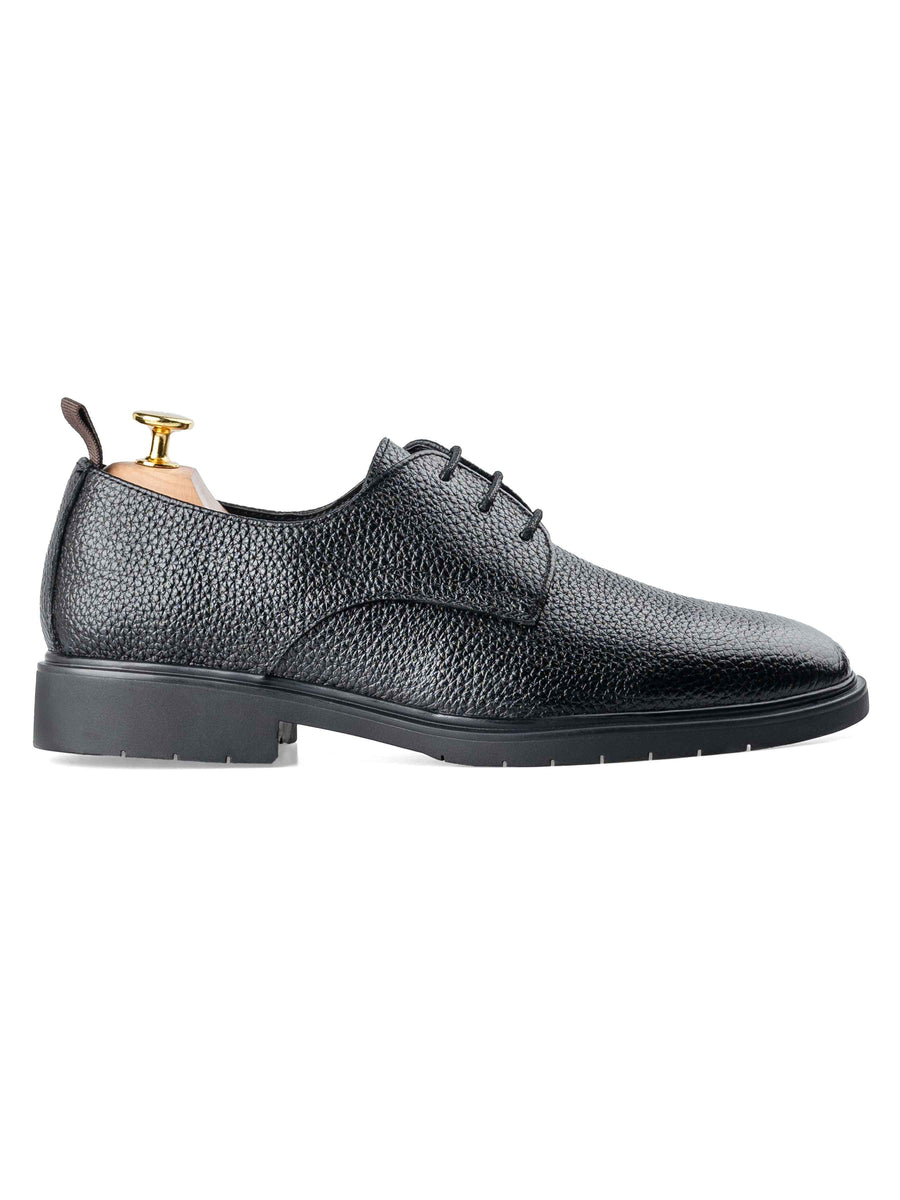 SideDerbyLaceUpBlackPebbleGrainLeatherRuggedSole - Zeve