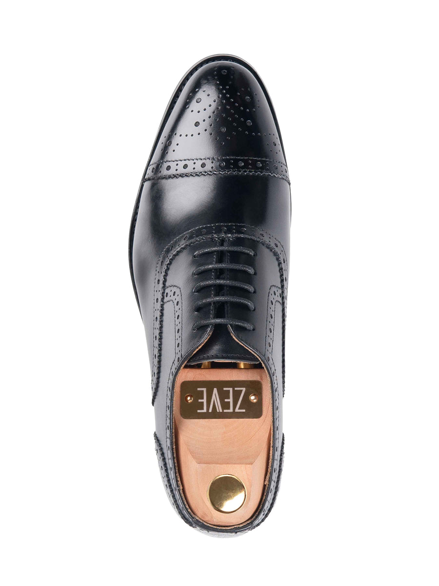 Single-Black-Semi-Brogue-Lace-Up-Oxford-Cap-Toe-Wide - Zeve