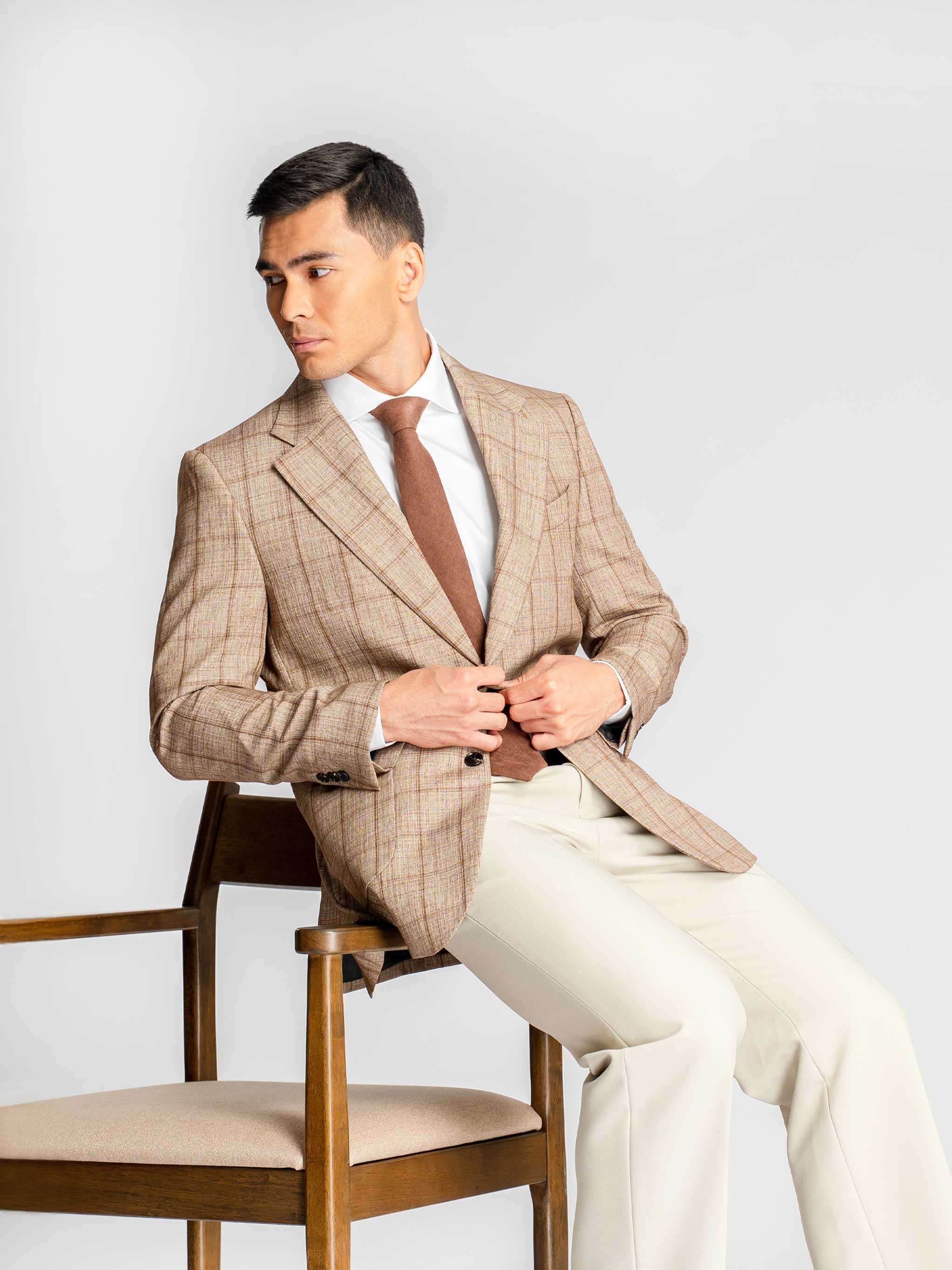 Single Breasted Suit Blazer – Sand Brown with Camel Line Checkered (Notch Lapel)