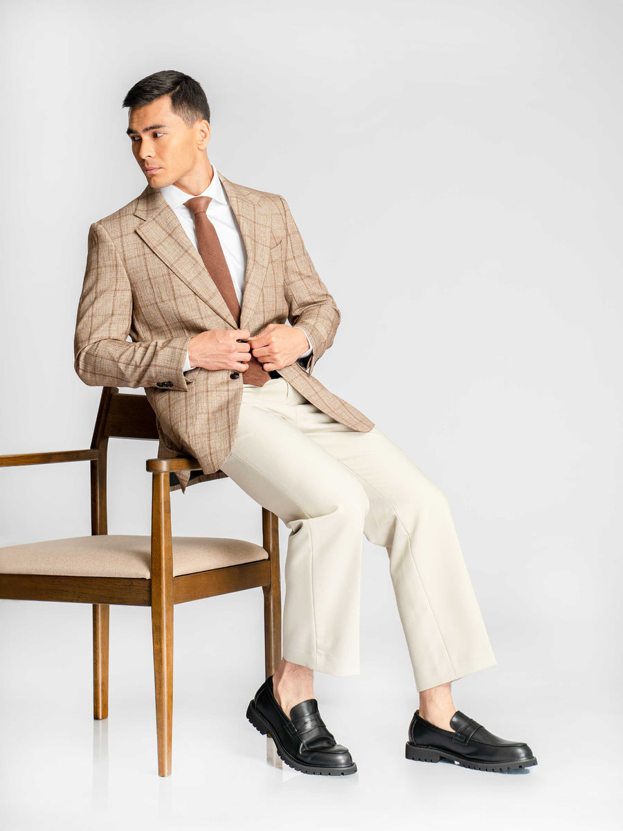 Single-Breasted-Suit-Blazer-Sand-Brown-with-Camel-Line-Checkered-_Notch-Lapel_-10 - Zeve