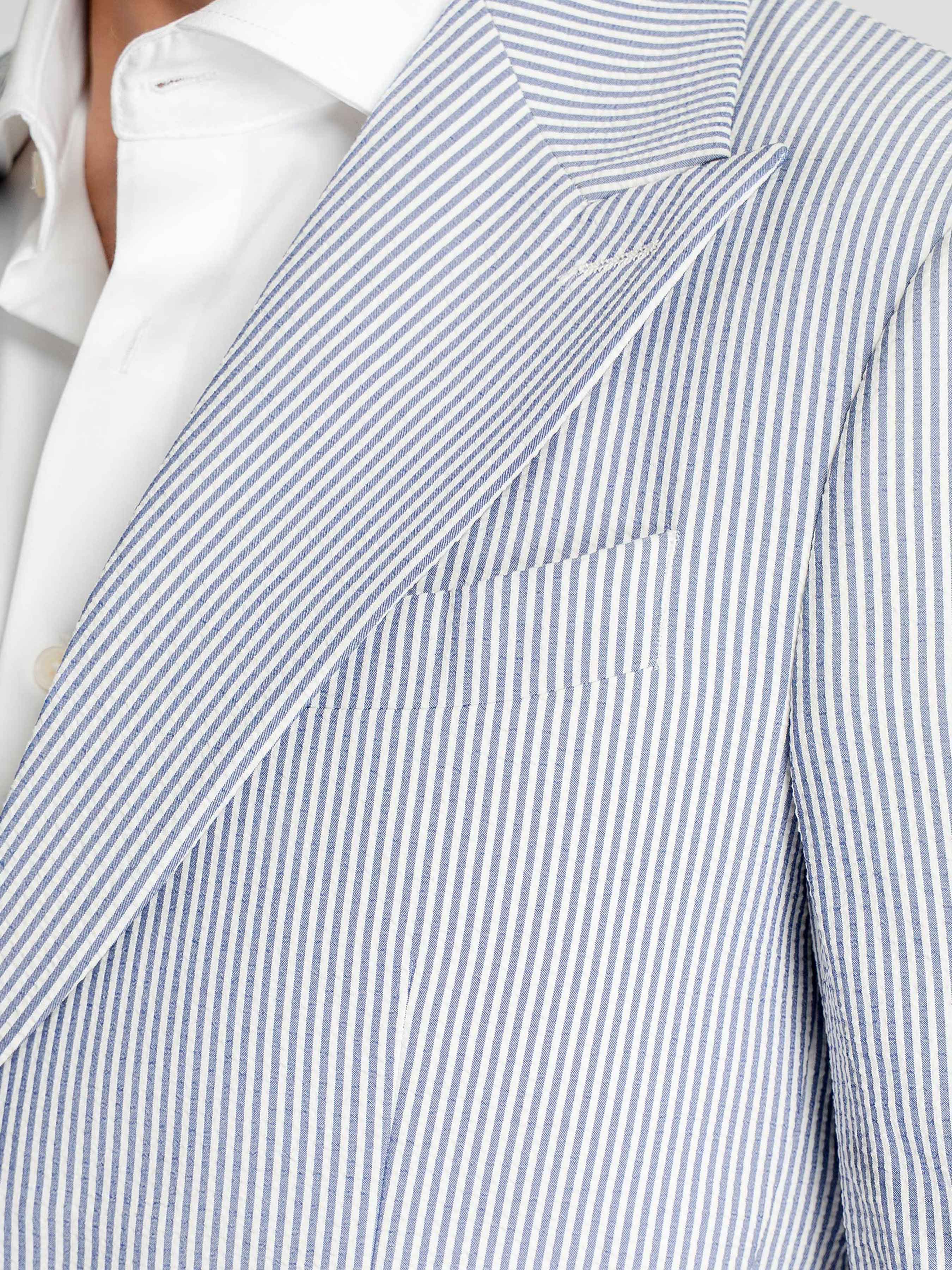 Single Breasted Suit Blazer – Seersucker White Blue Stripe (Peak Lapel)