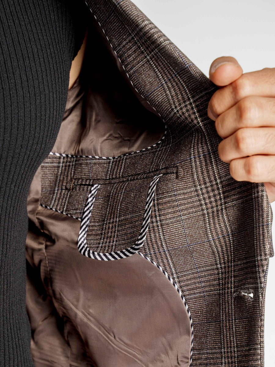 SingleBreastedSuitBlazerCocoaVeronawithWhiteLineCheckered_PeakLapel_InPocket - Zeve