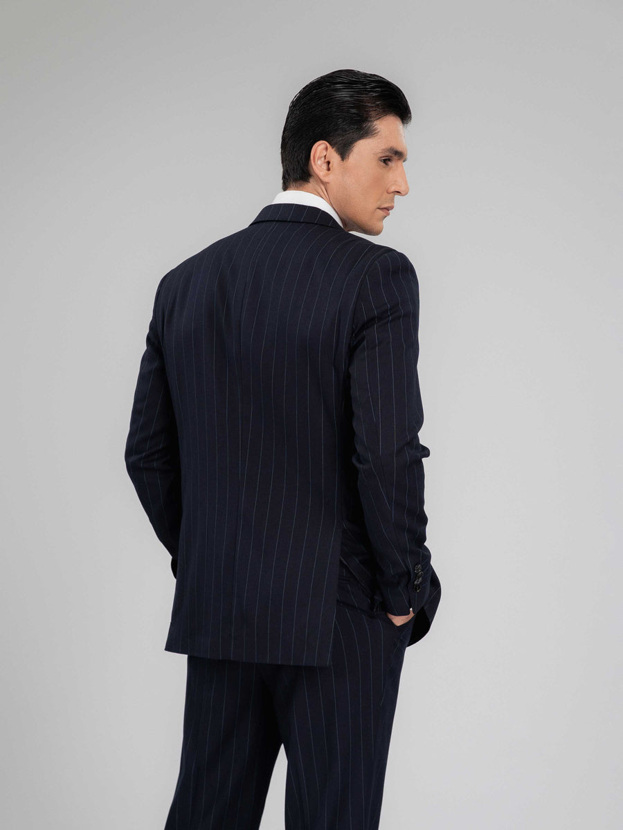 SingleBreastedSuitBlazerDeepBluePinstripesPeakLapelBack - Zeve