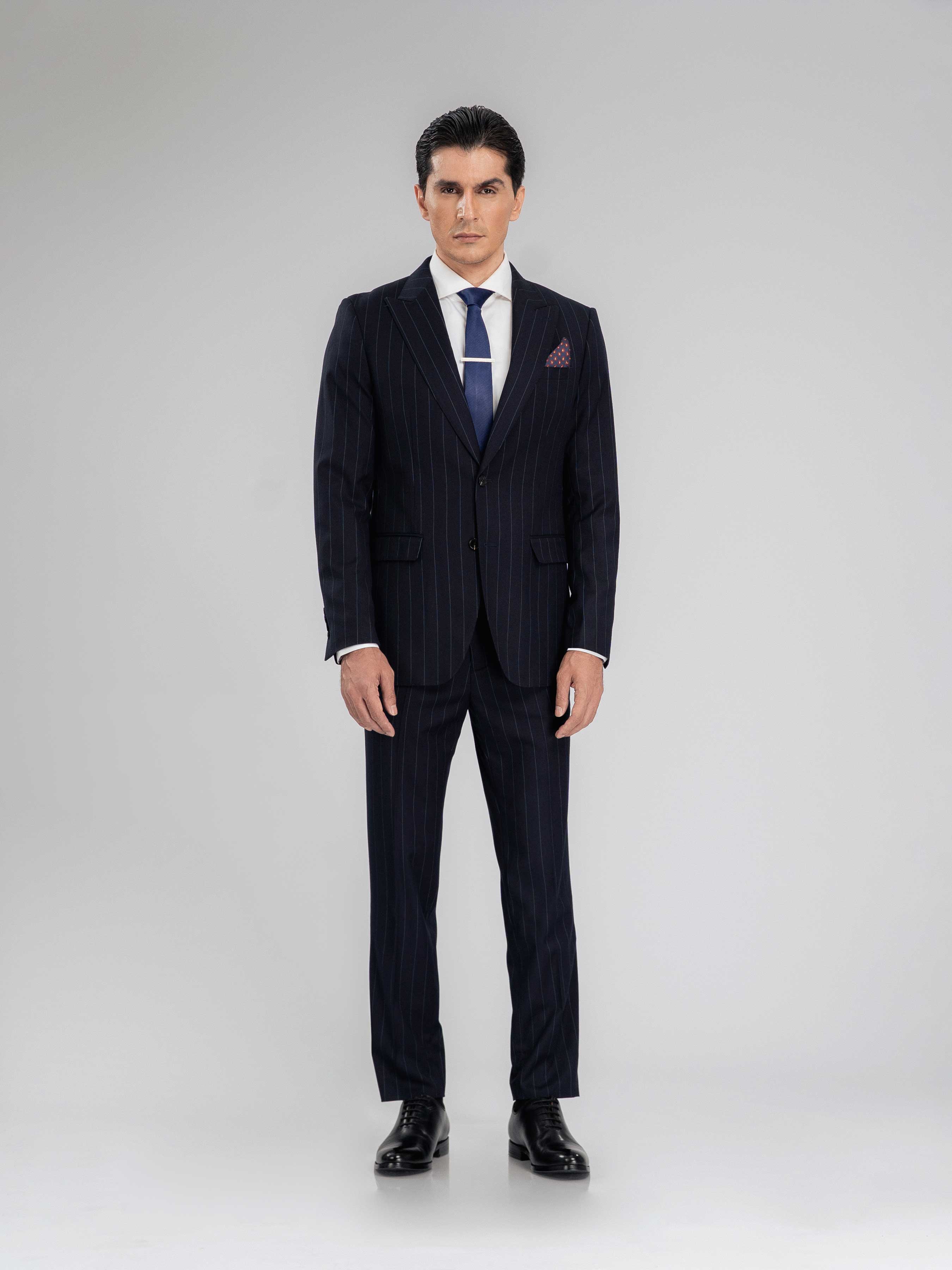 Single Breasted Suit Blazer - Deep Blue Stripes (Peak Lapel)
