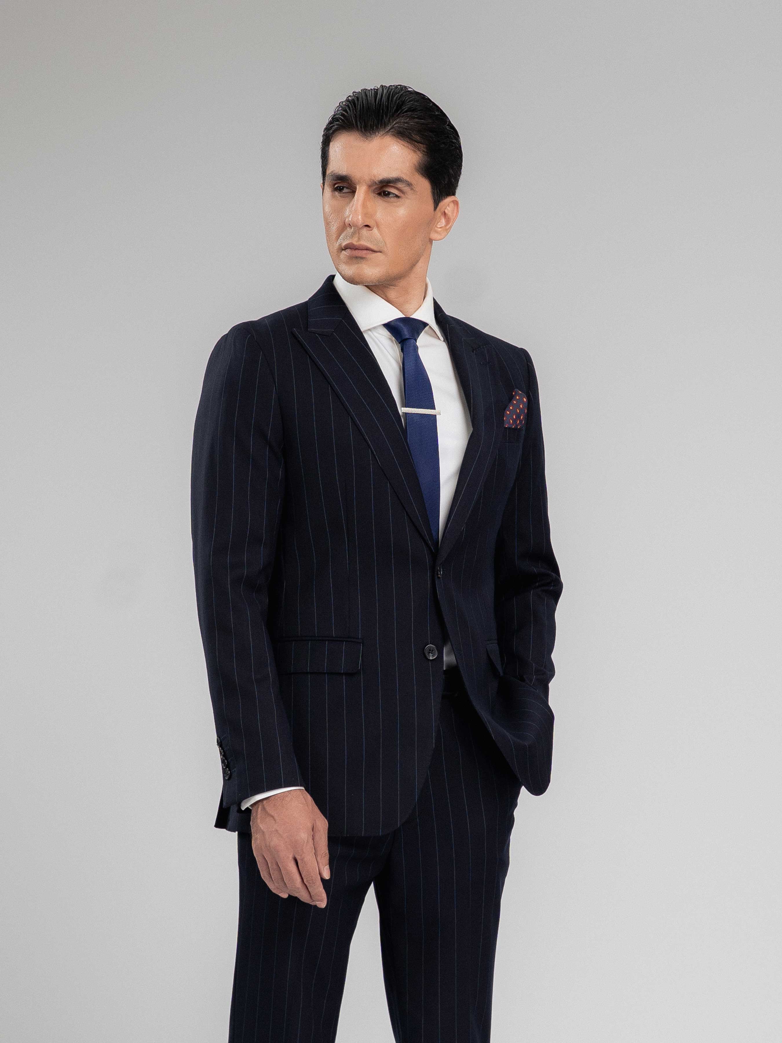 Single Breasted Suit Blazer - Deep Blue Stripes (Peak Lapel)