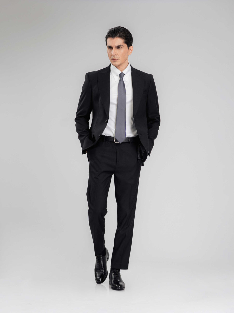 SingleBreastedSuitBlazerJetBlackPlainPeakLapelFull2 - Zeve