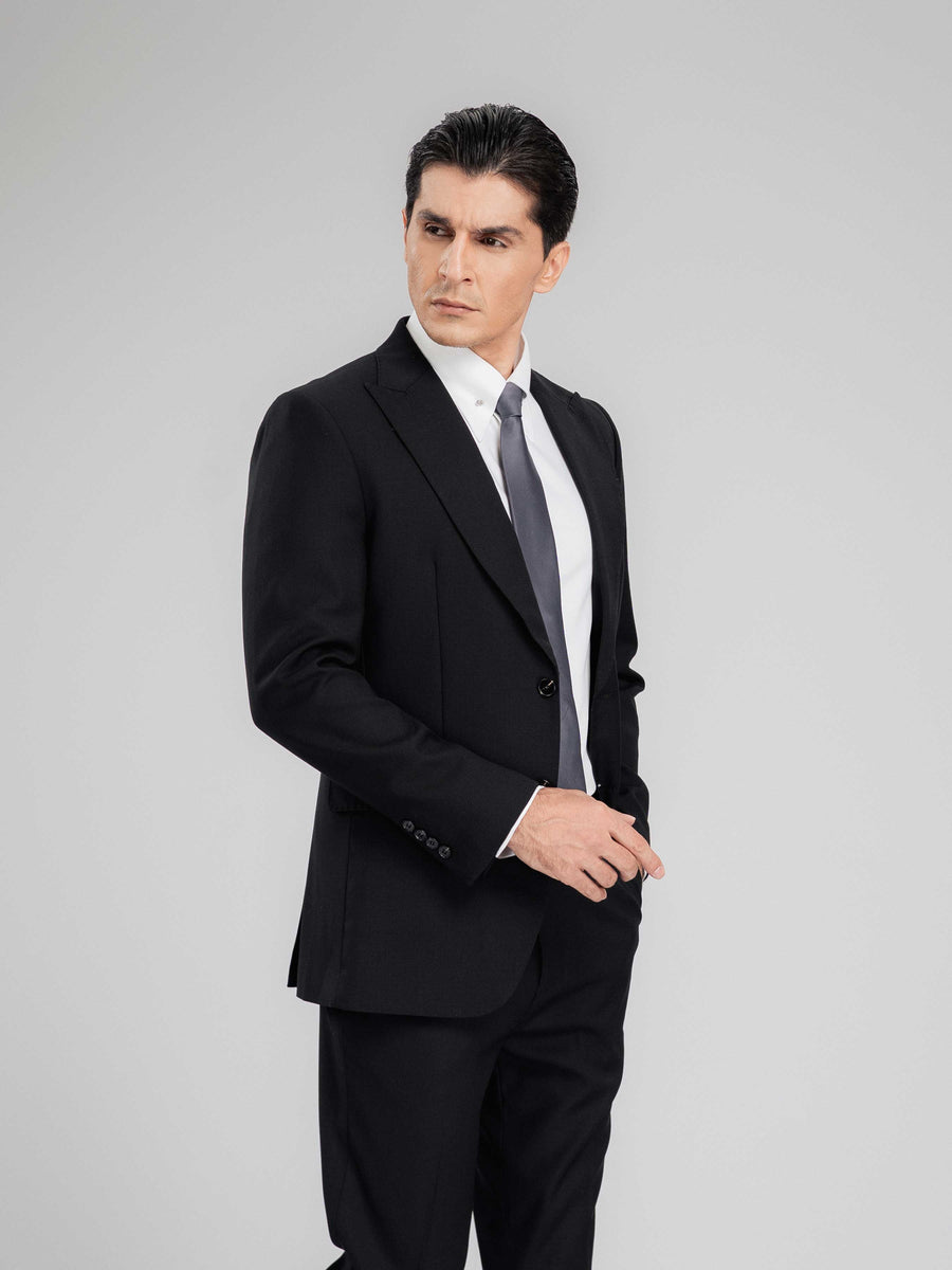 SingleBreastedSuitBlazerJetBlackPlainPeakLapelHalf - Zeve