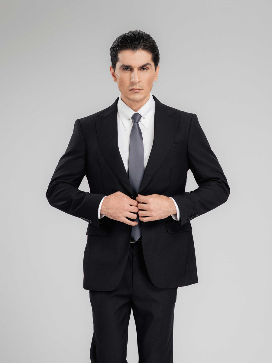 SingleBreastedSuitBlazerJetBlackPlainPeakLapelMain - Zeve