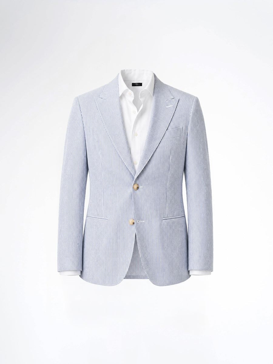 Single Breasted Suit Blazer - Seersucker White Blue Stripe (Slim Fit)