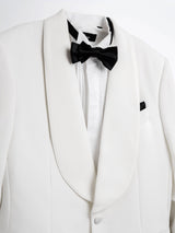 White tuxedo jacket with black bow tie and satin lapels for formal men's wear