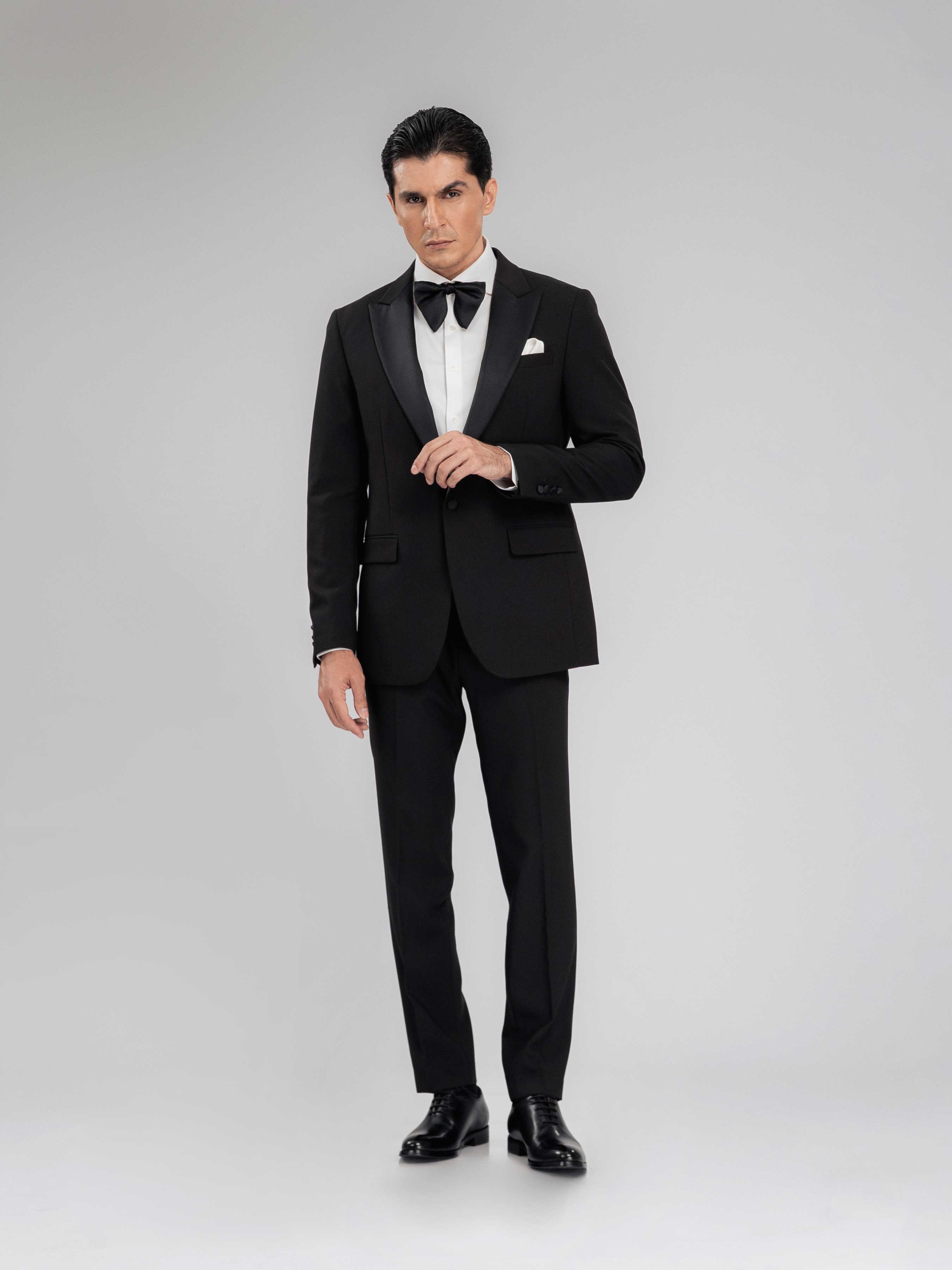 Single Breasted Tuxedo Blazer - Black Charcoal (Peak Satin Lapel)