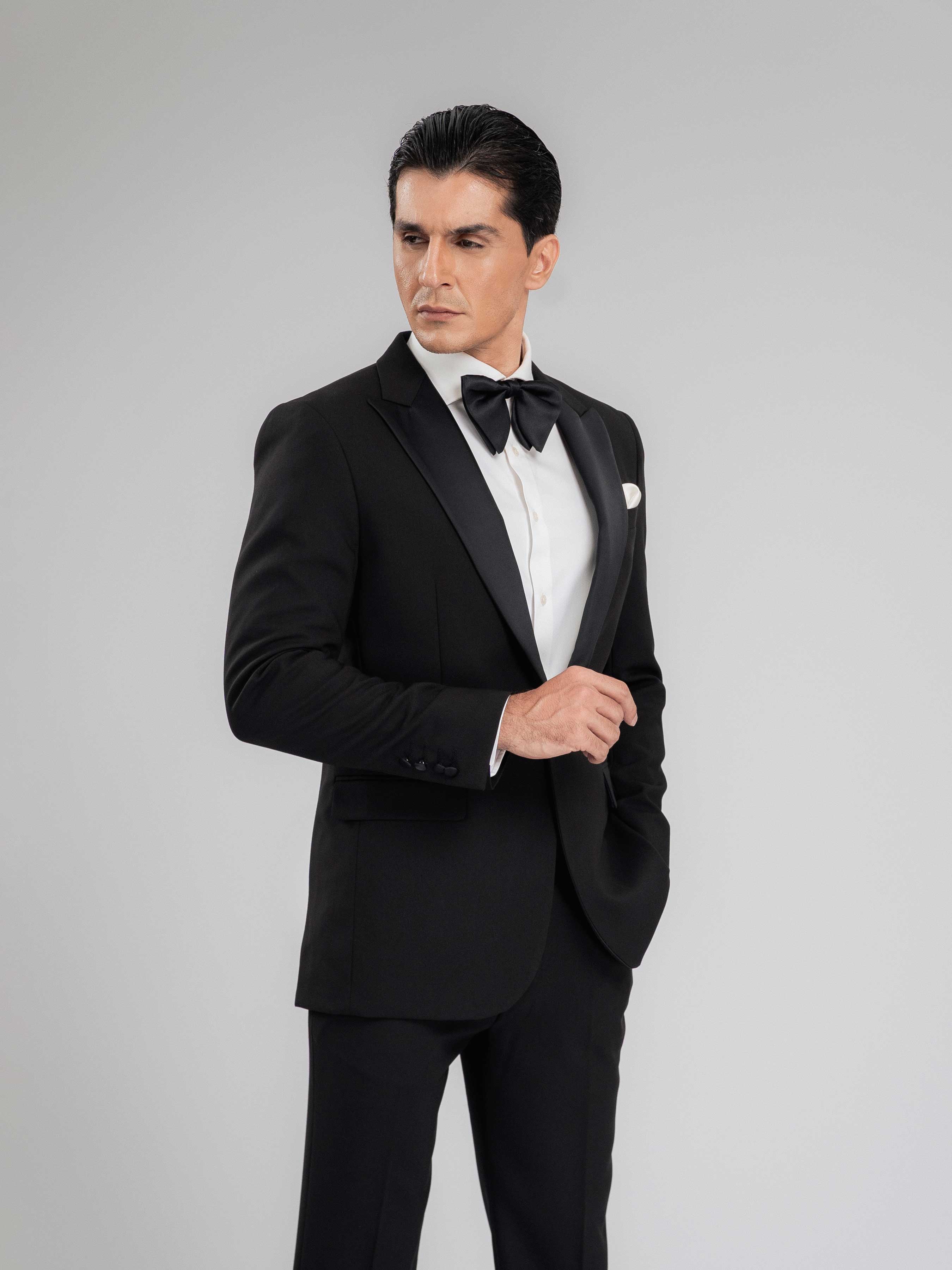 Single Breasted Tuxedo Blazer - Black Charcoal (Peak Satin Lapel)