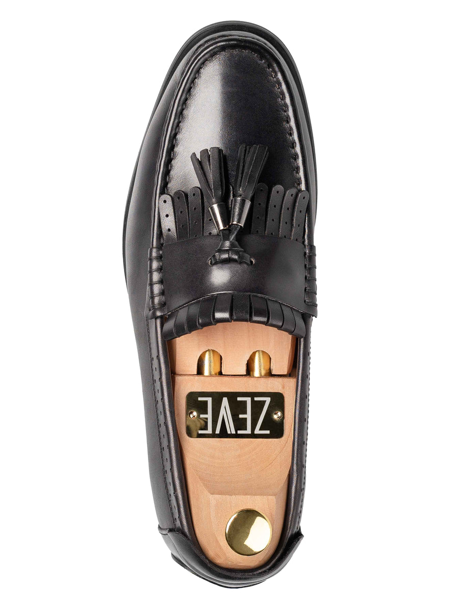 SingleFringeClassicLoaferBlackGreywithTassel_HandPaintedPatina - Zeve