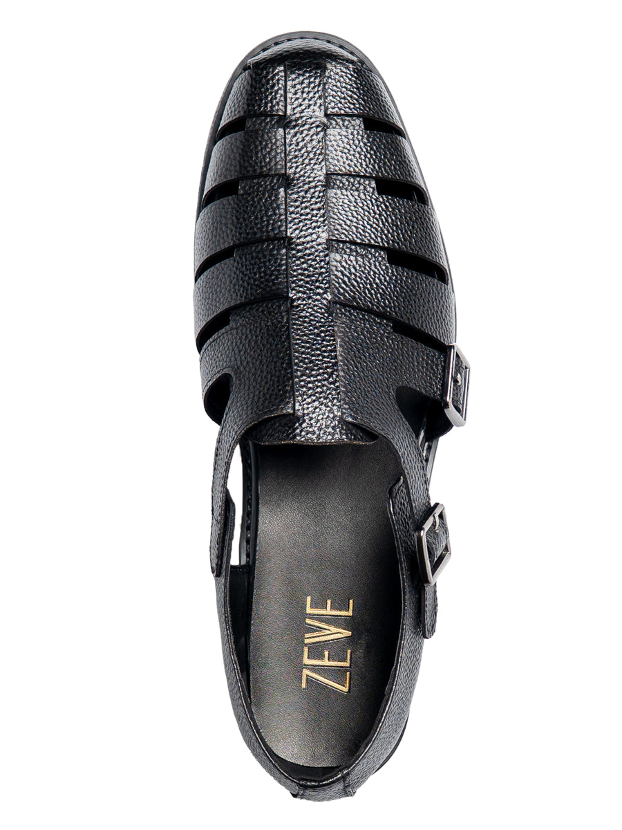 SingleVenetoSandalBlackPebbleGrainLeather - Zeve