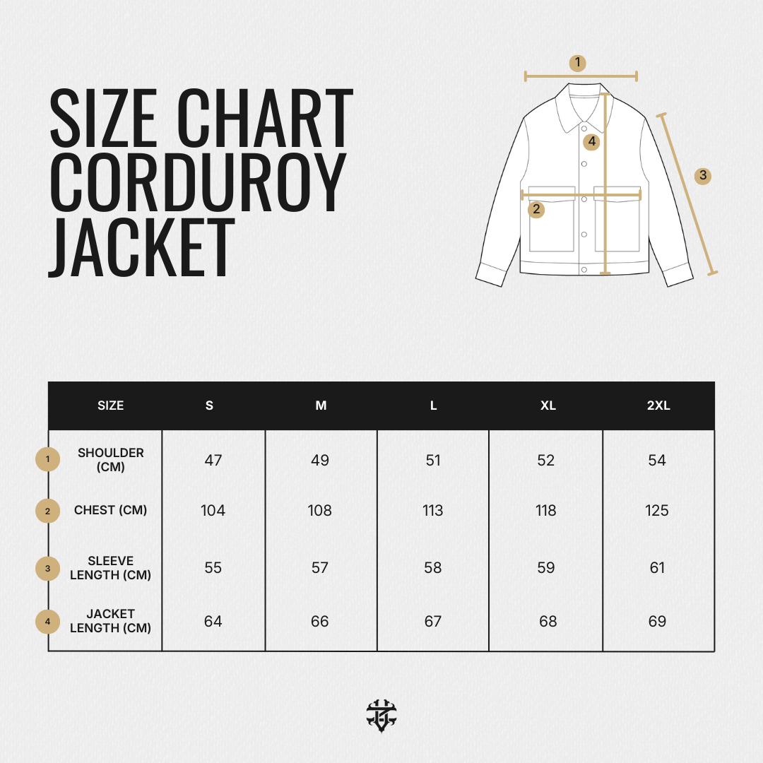 Corduroy jacket size chart with measurements for shoulder, chest, sleeve, and length in cm