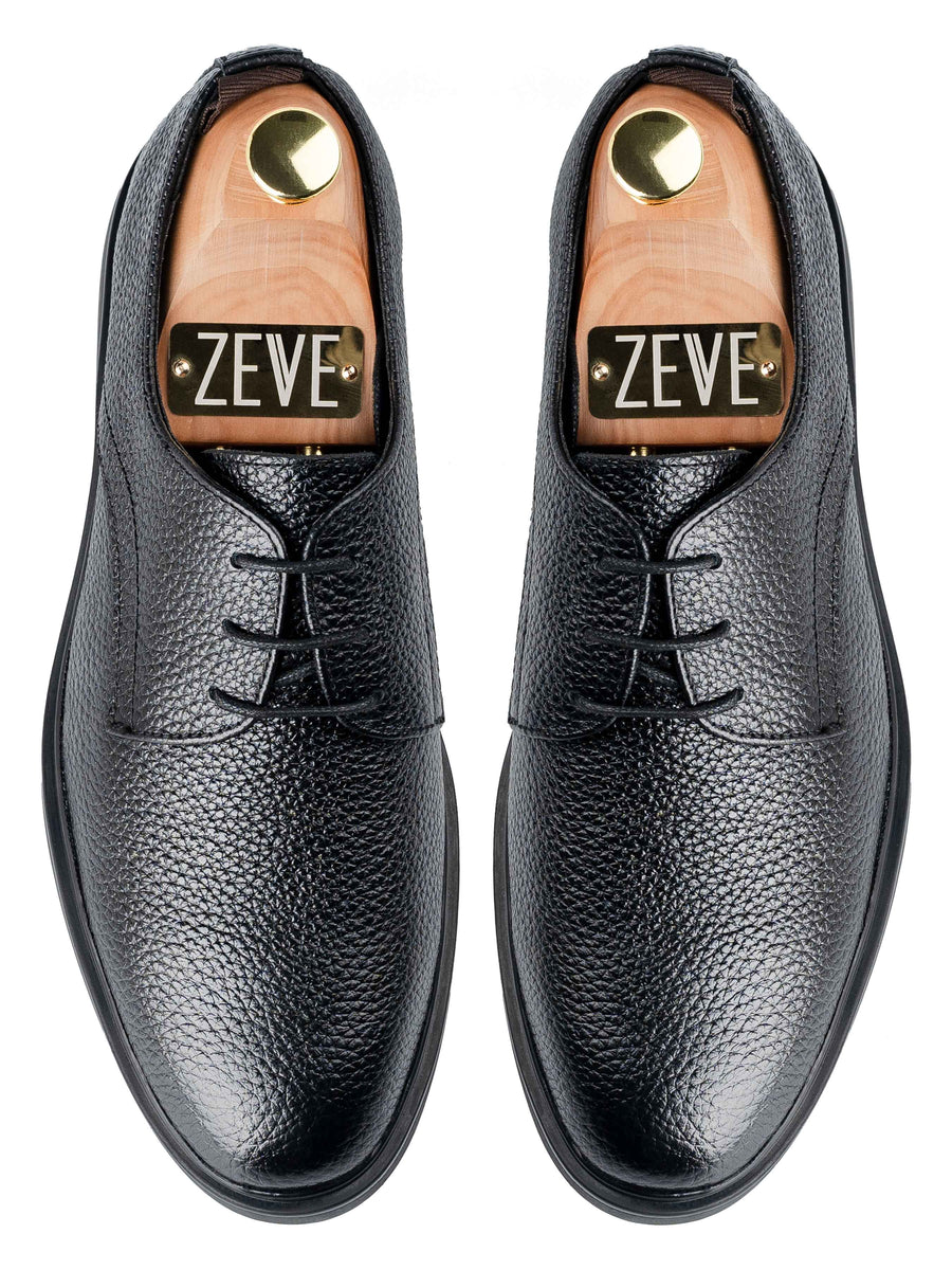TopDerbyLaceUpBlackPebbleGrainLeatherRuggedSole - Zeve