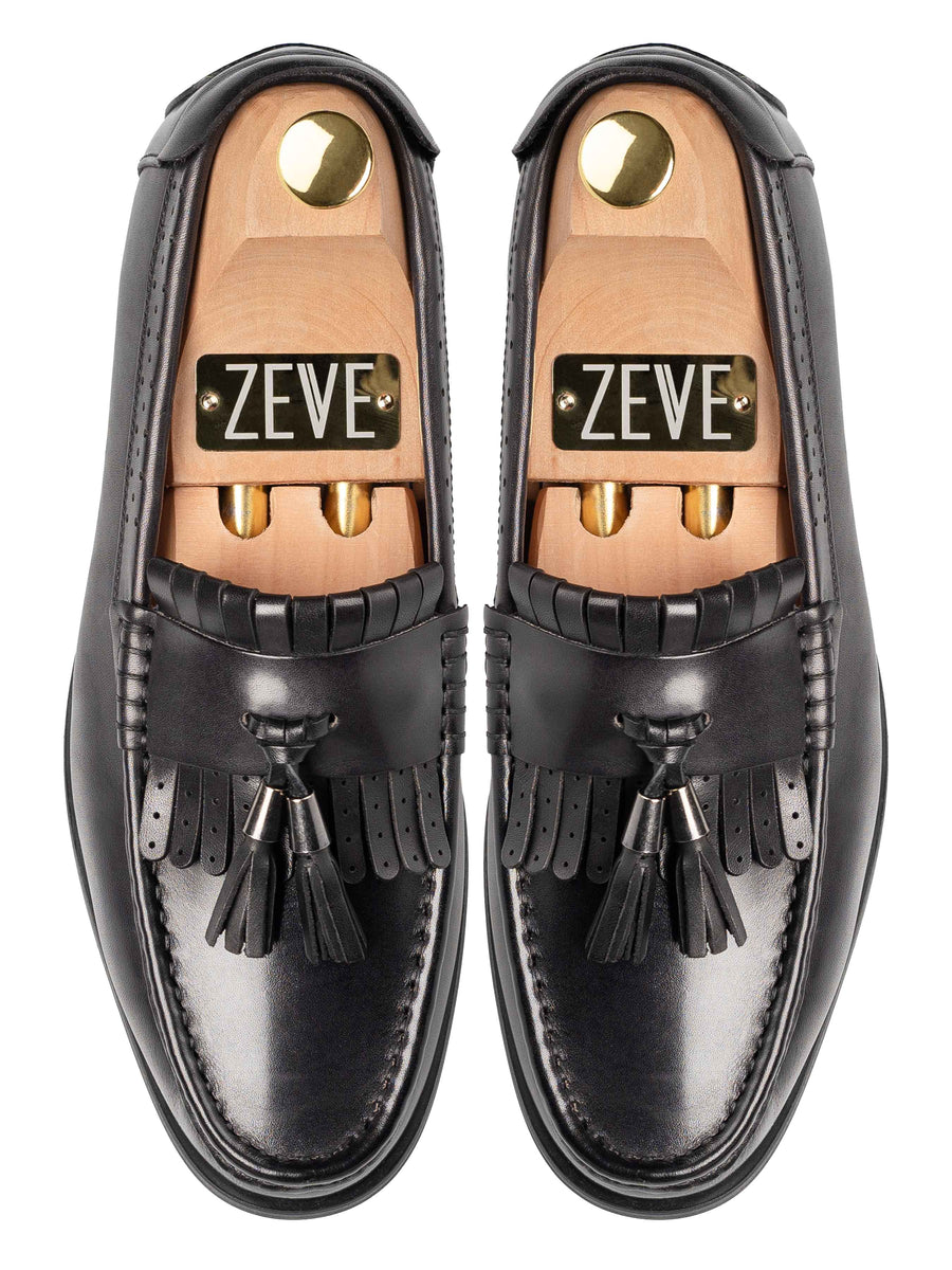TopFringeClassicLoaferBlackGreywithTassel_HandPaintedPatina - Zeve