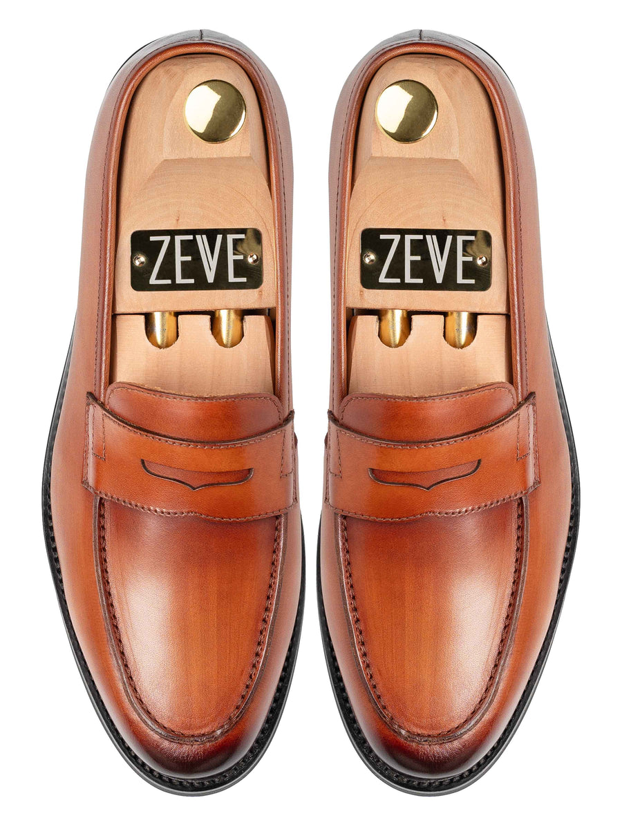 TopPennyLoaferCognacTan_HandPaintedPatina - Zeve