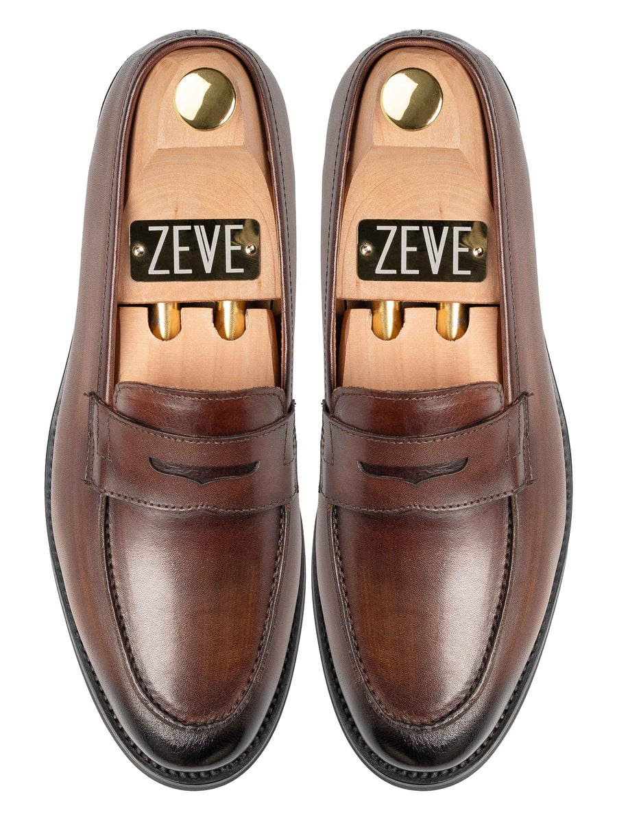 TopPennyLoaferDarkBrown_HandPaintedPatina - Zeve