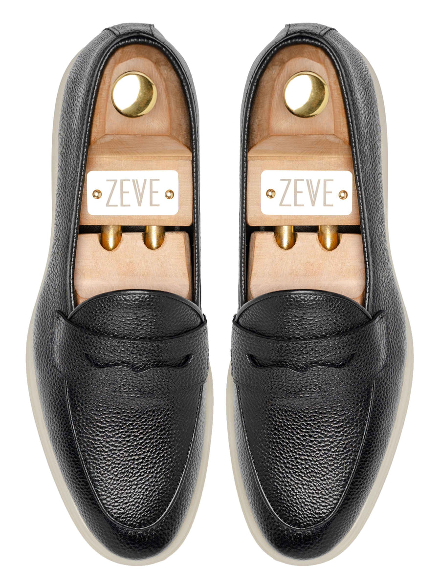 TopPietroBelgianLoaferBlackPebbleGrainLeather_SoflexSole - Zeve