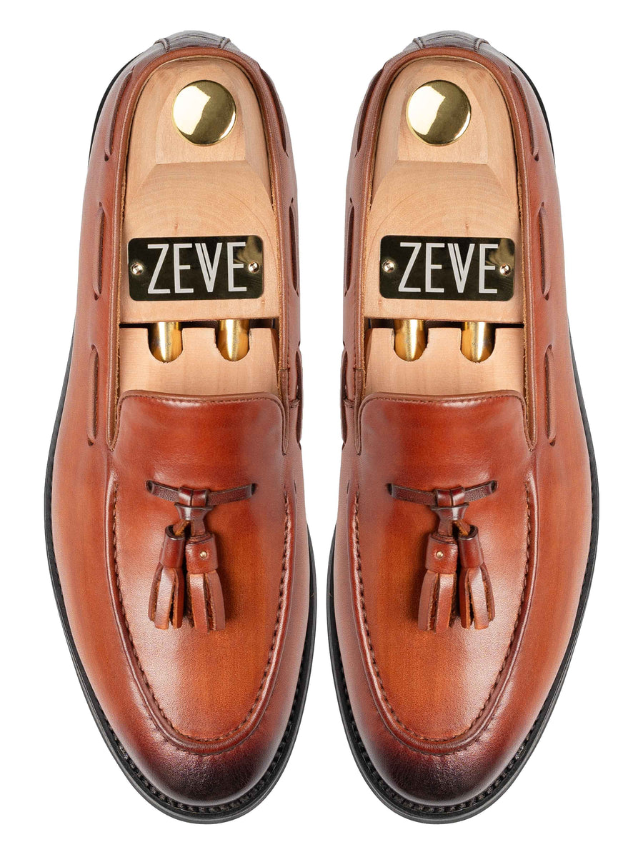 TopTasselLoaferCognacTan_HandPaintedPatina - Zeve