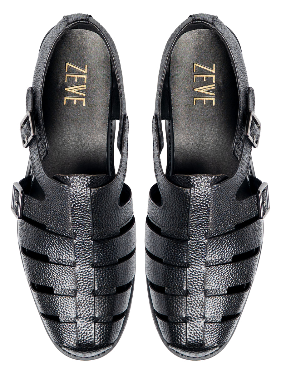 TopVenetoSandalBlackPebbleGrainLeather - Zeve