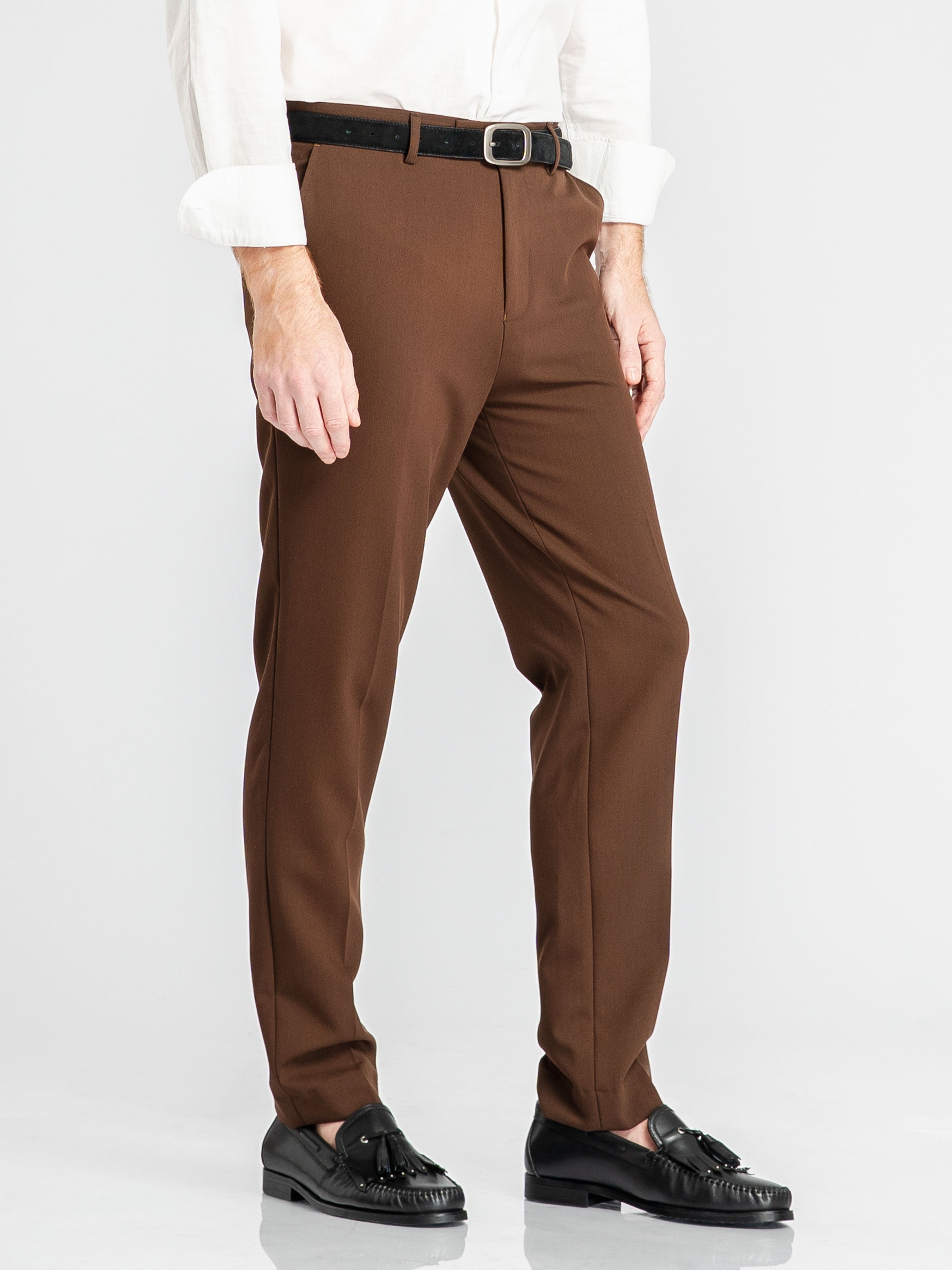 Trousers With Belt Loop - Dark Brown (Slim Straight)