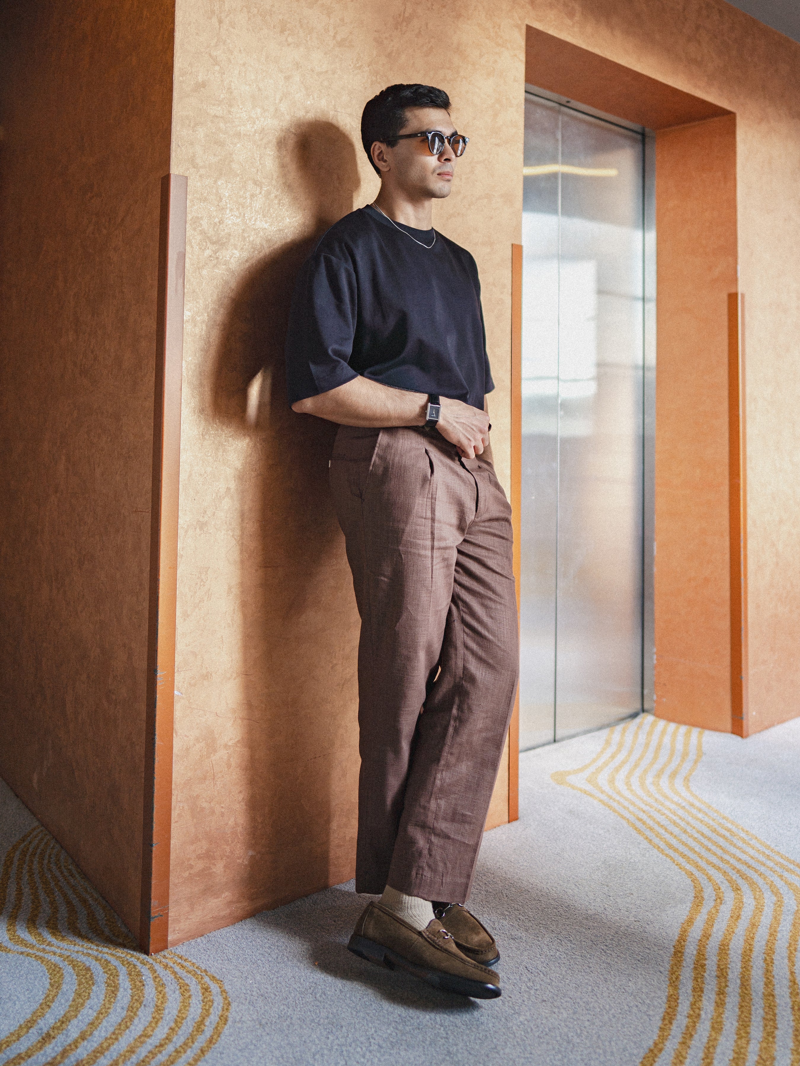 Trousers With Side Adjusters -  Linen Coffee Plain (Wide Fit)