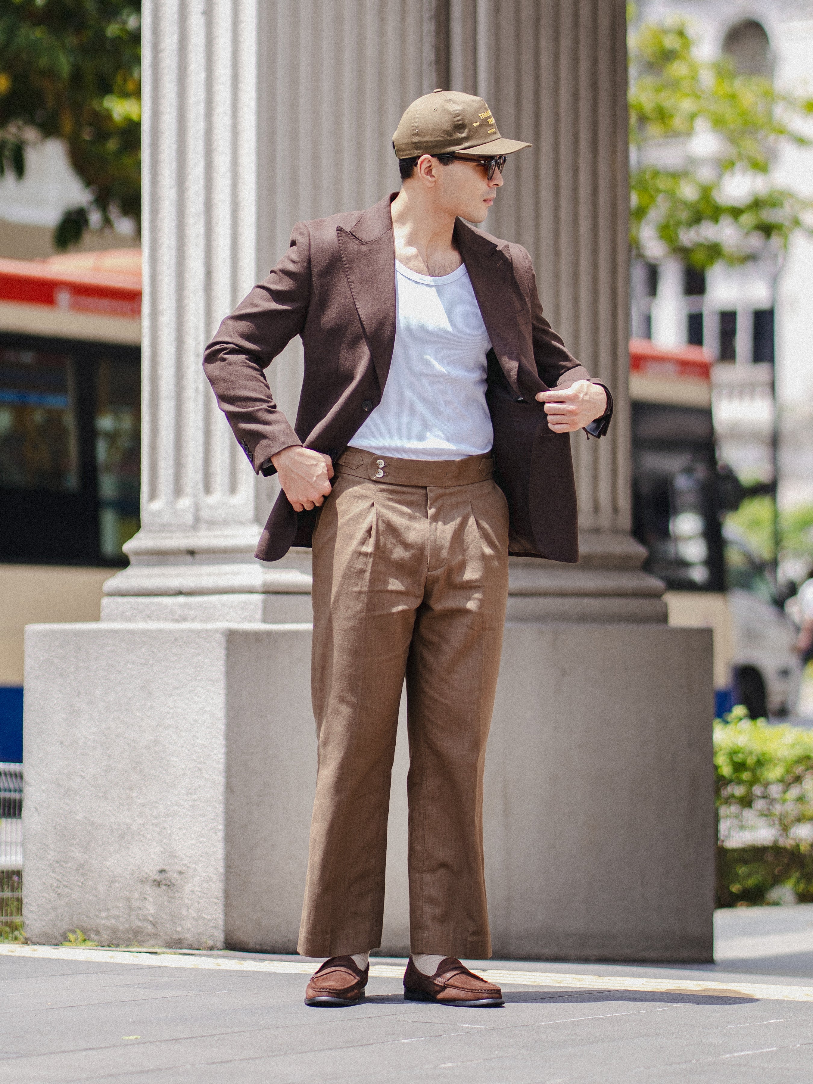 Trousers With Side Adjusters -  Linen Olive Brown Plain (Wide Fit)