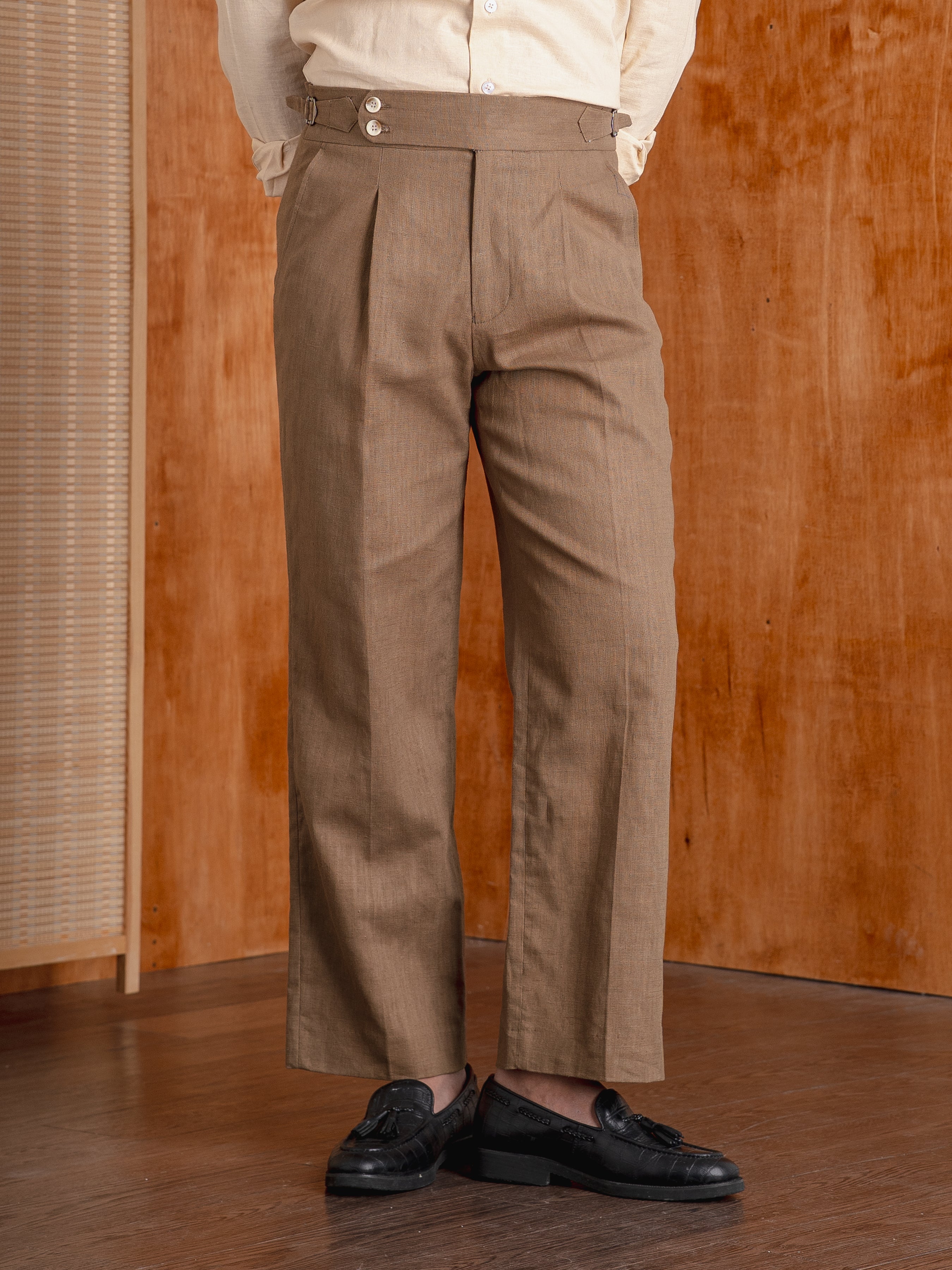 Trousers With Side Adjusters -  Linen Olive Brown Plain (Wide Fit)