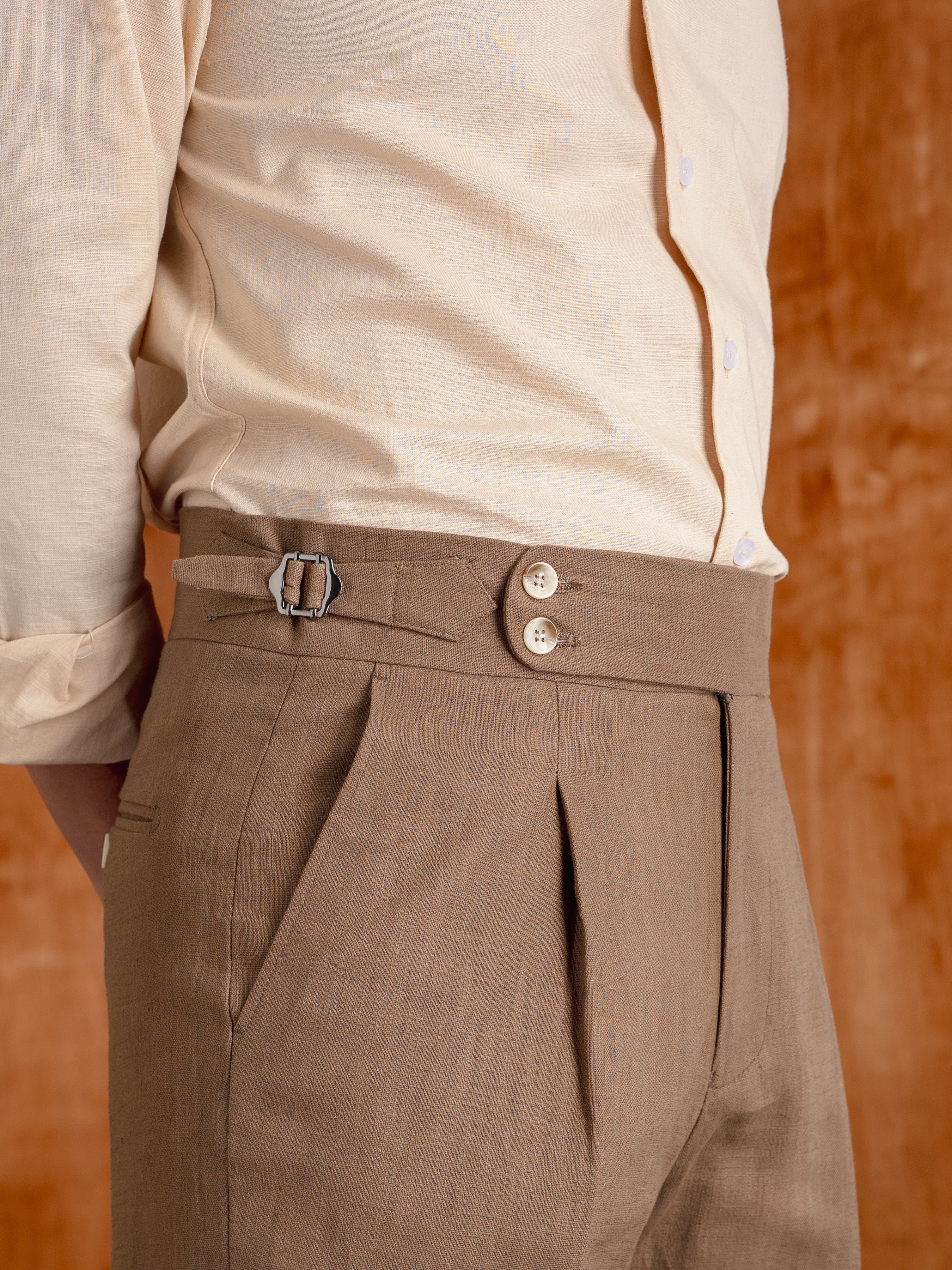 Trousers With Side Adjusters -  Linen Olive Brown Plain (Wide Fit)