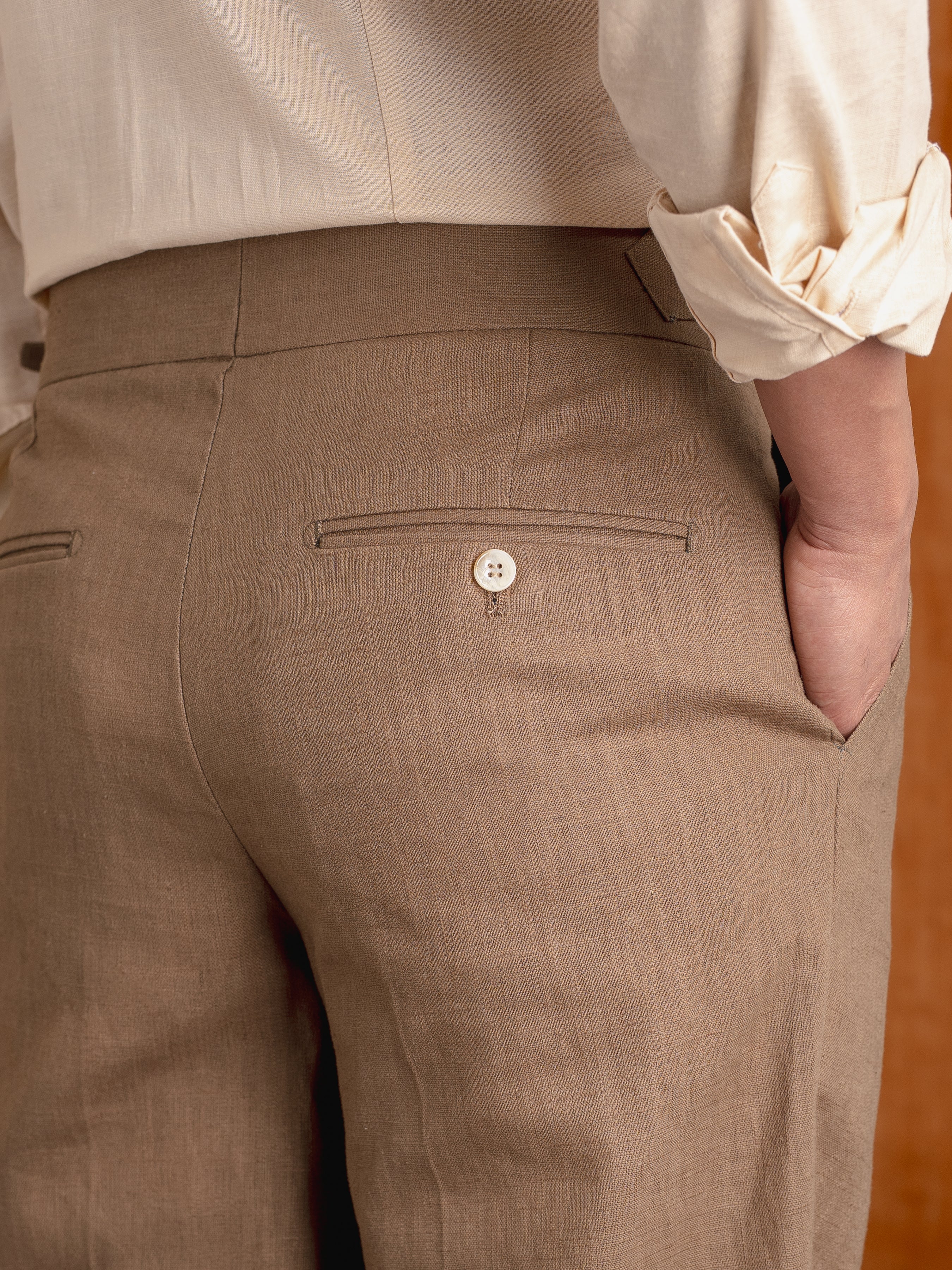 Trousers With Side Adjusters -  Linen Olive Brown Plain (Wide Fit)