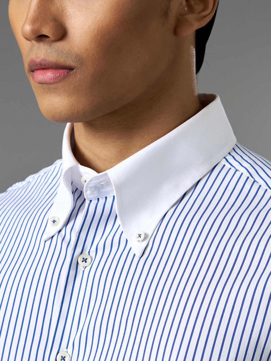 Two-Toned Shirt - White Blue Stripe (Button Down Collar)