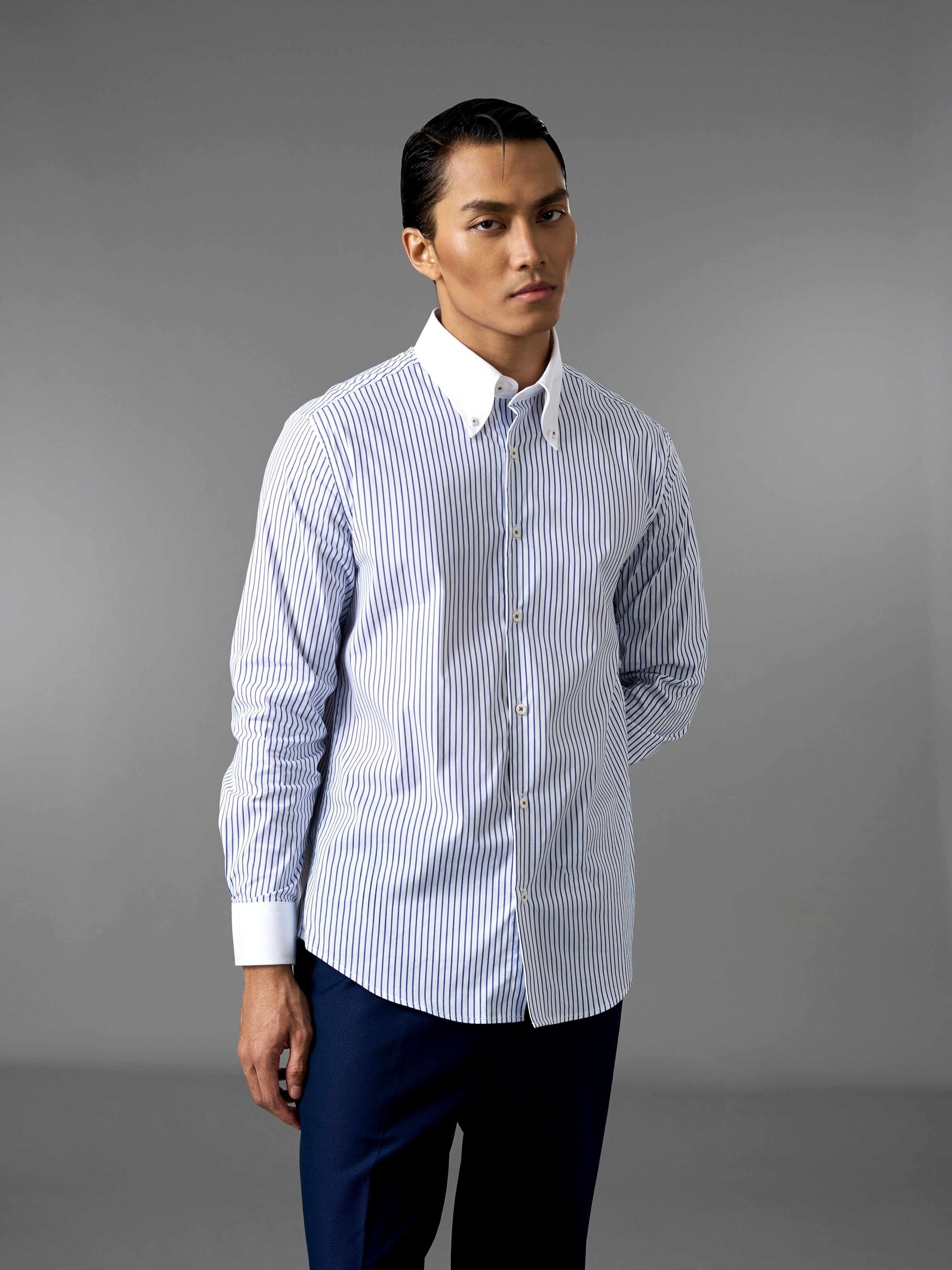 Two-Toned Shirt - White Blue Stripe (Button Down Collar)