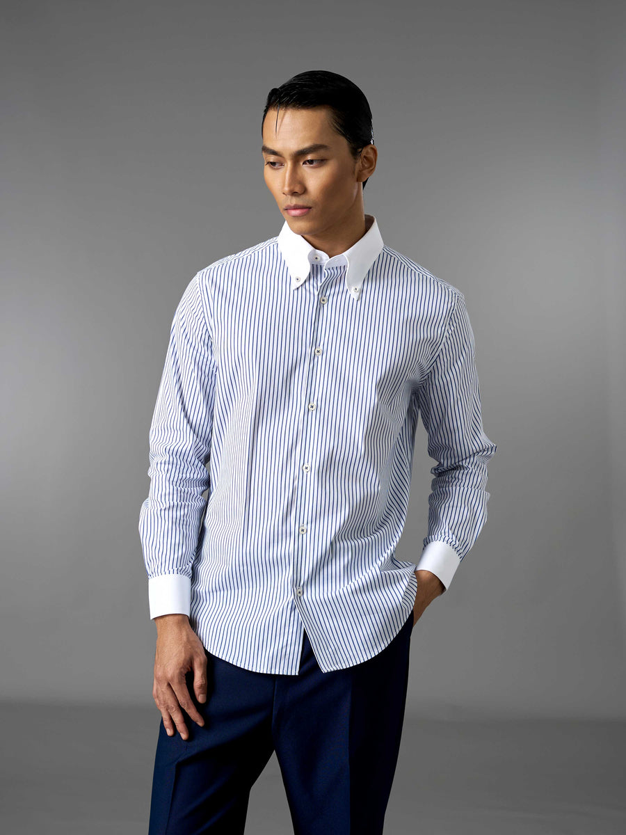 Two-Toned Shirt - White Blue Stripe (Button Down Collar)