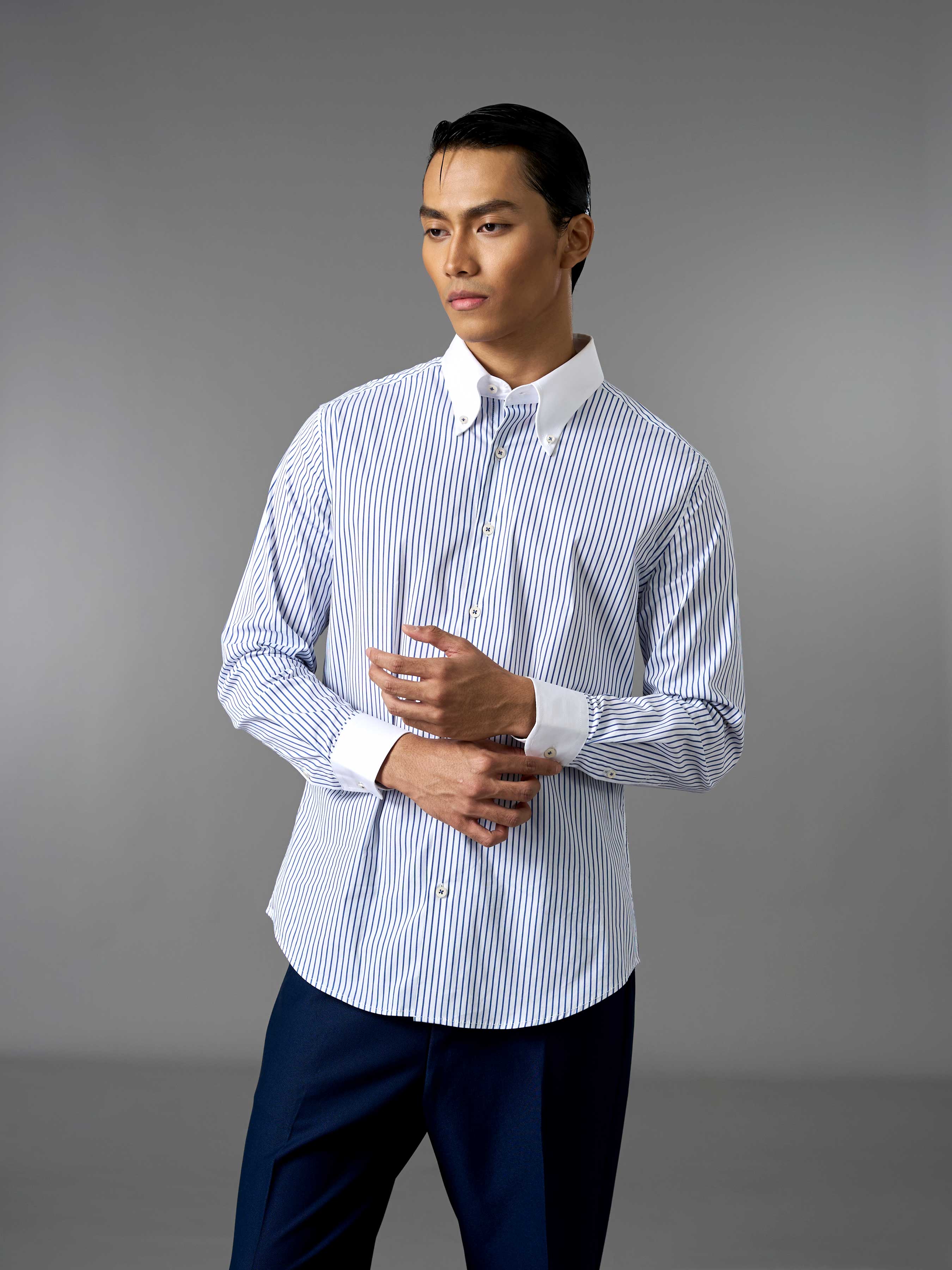 Two-Toned Shirt - White Blue Stripe (Button Down Collar)