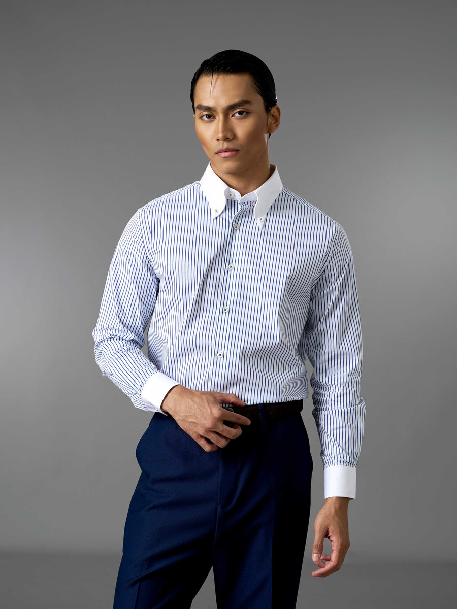 Two-Toned Shirt - White Blue Stripe (Button Down Collar)