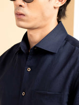 Vance Linen Shirt - Navy Blue Windsor Collar