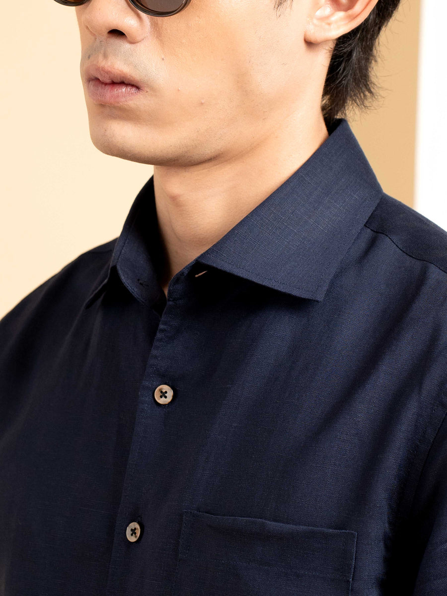 Vance Linen Shirt - Navy Blue Windsor Collar