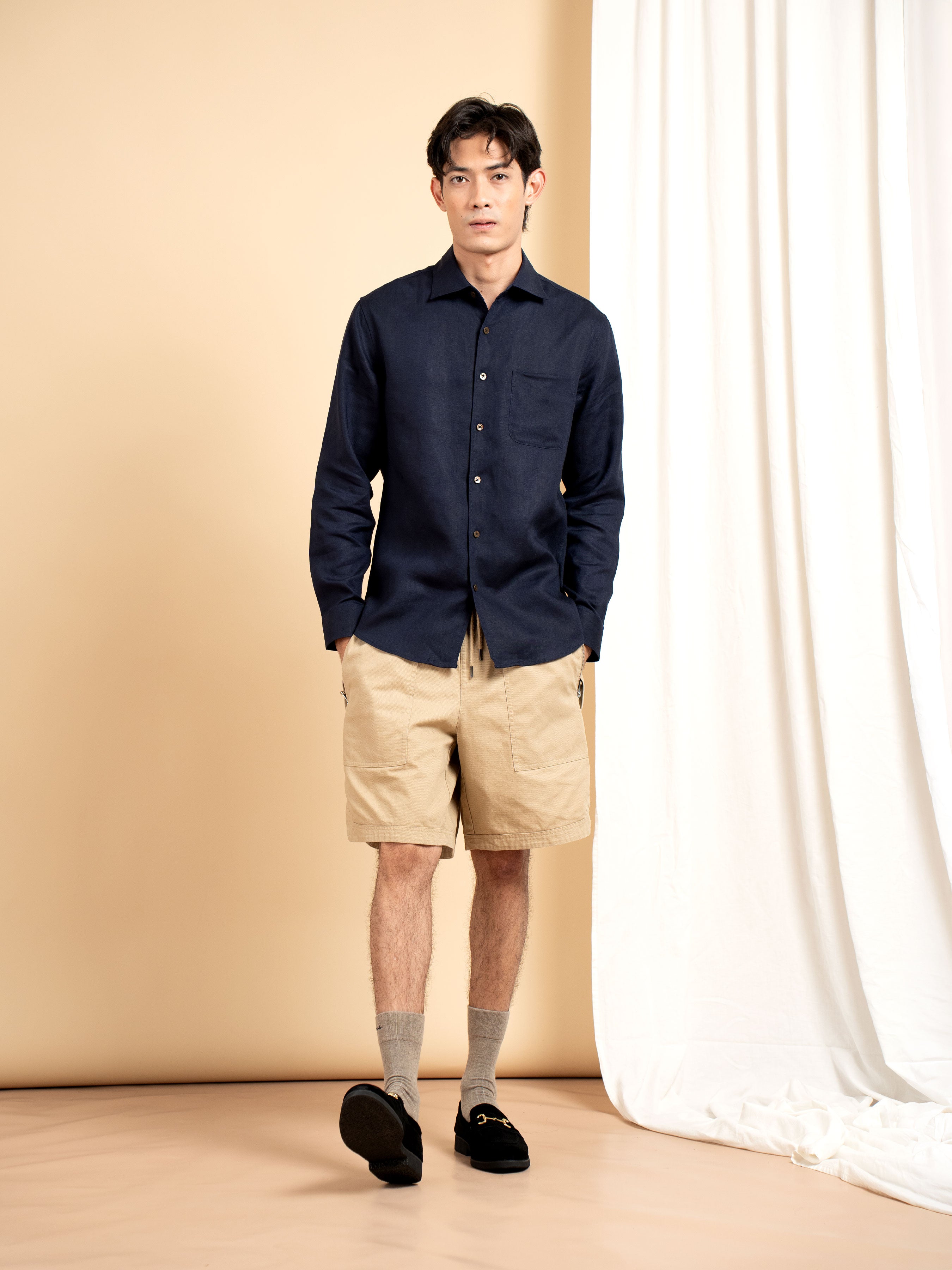 Vance Linen Shirt - Navy Blue Windsor Collar