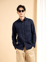 Vance Linen Shirt - Navy Blue Windsor Collar