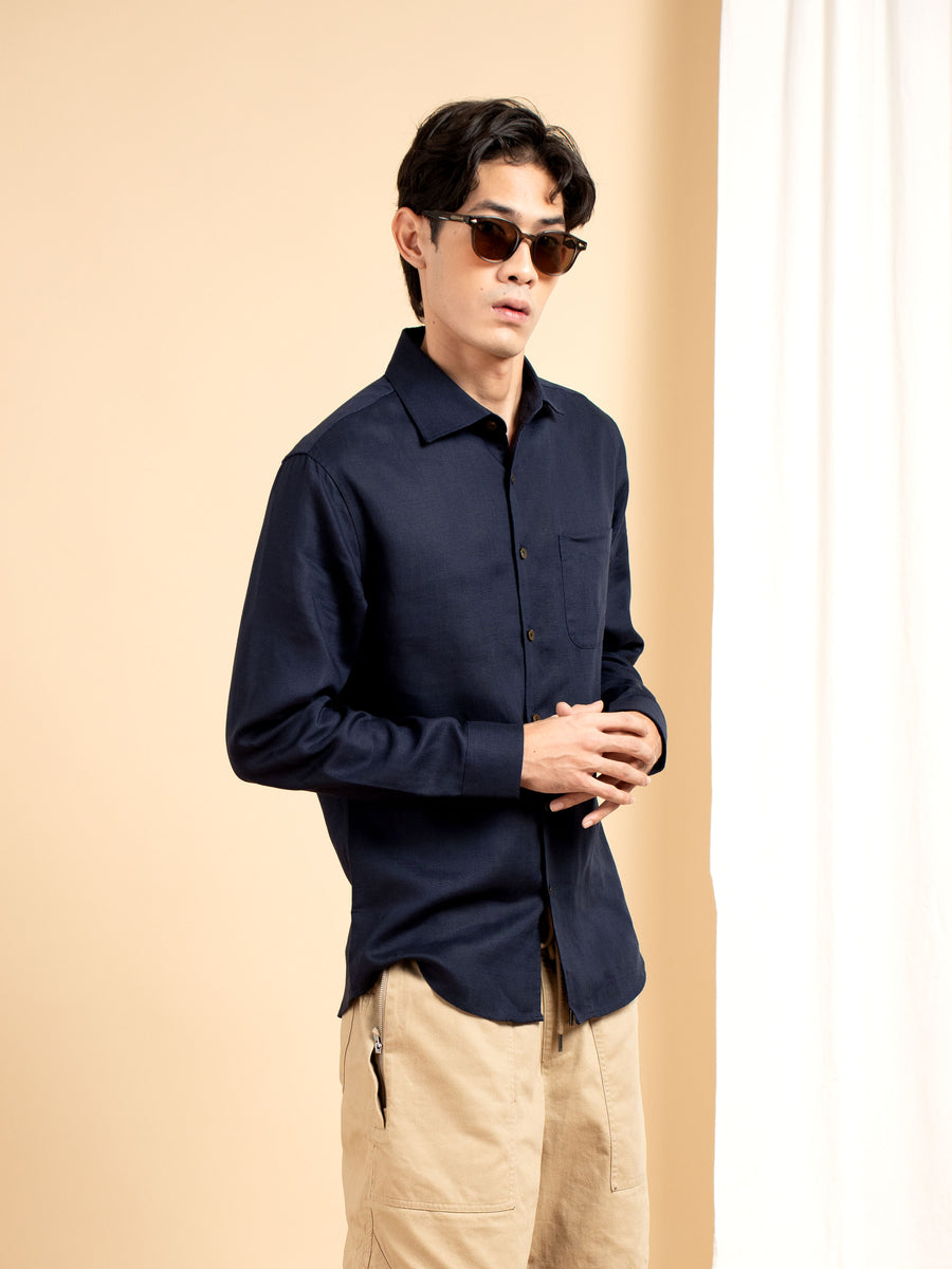 Vance Linen Shirt - Navy Blue Windsor Collar