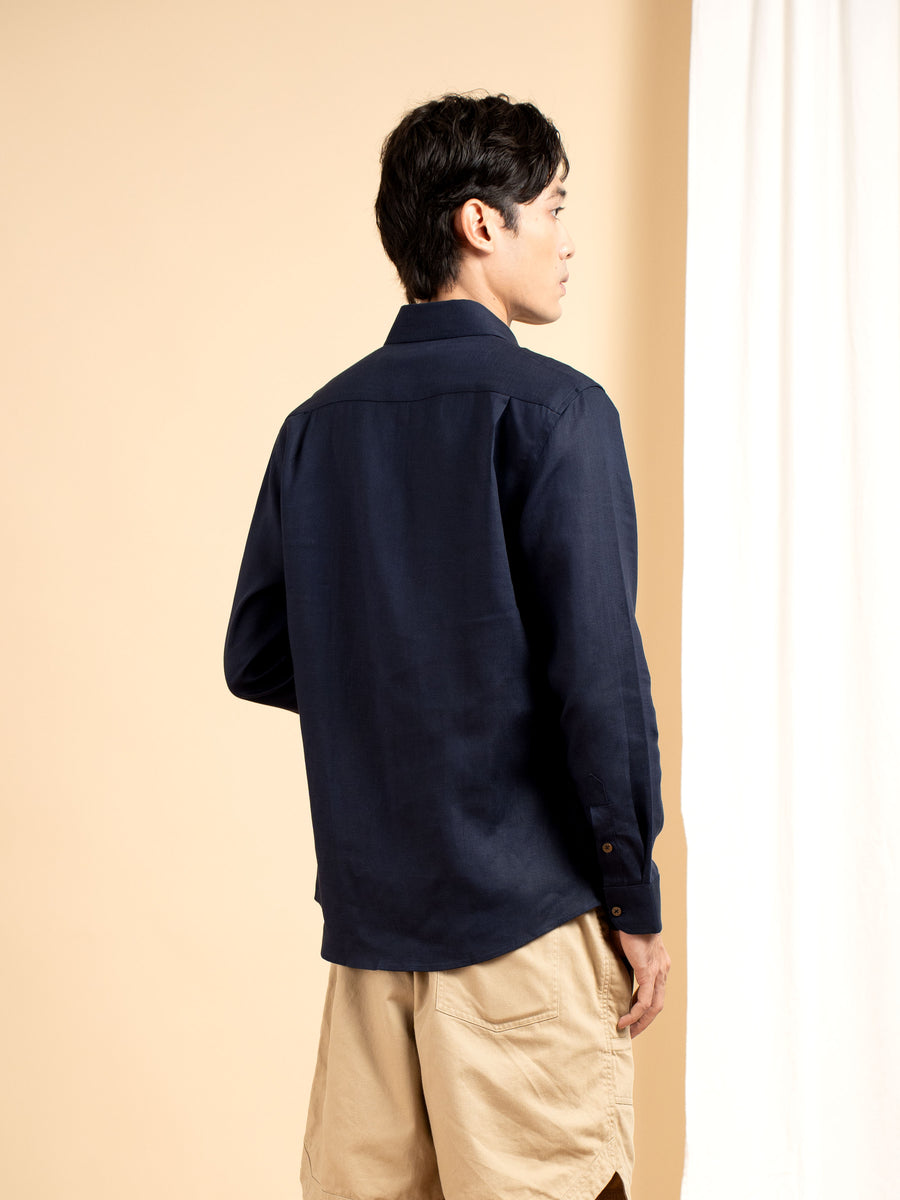 Vance Linen Shirt - Navy Blue Windsor Collar