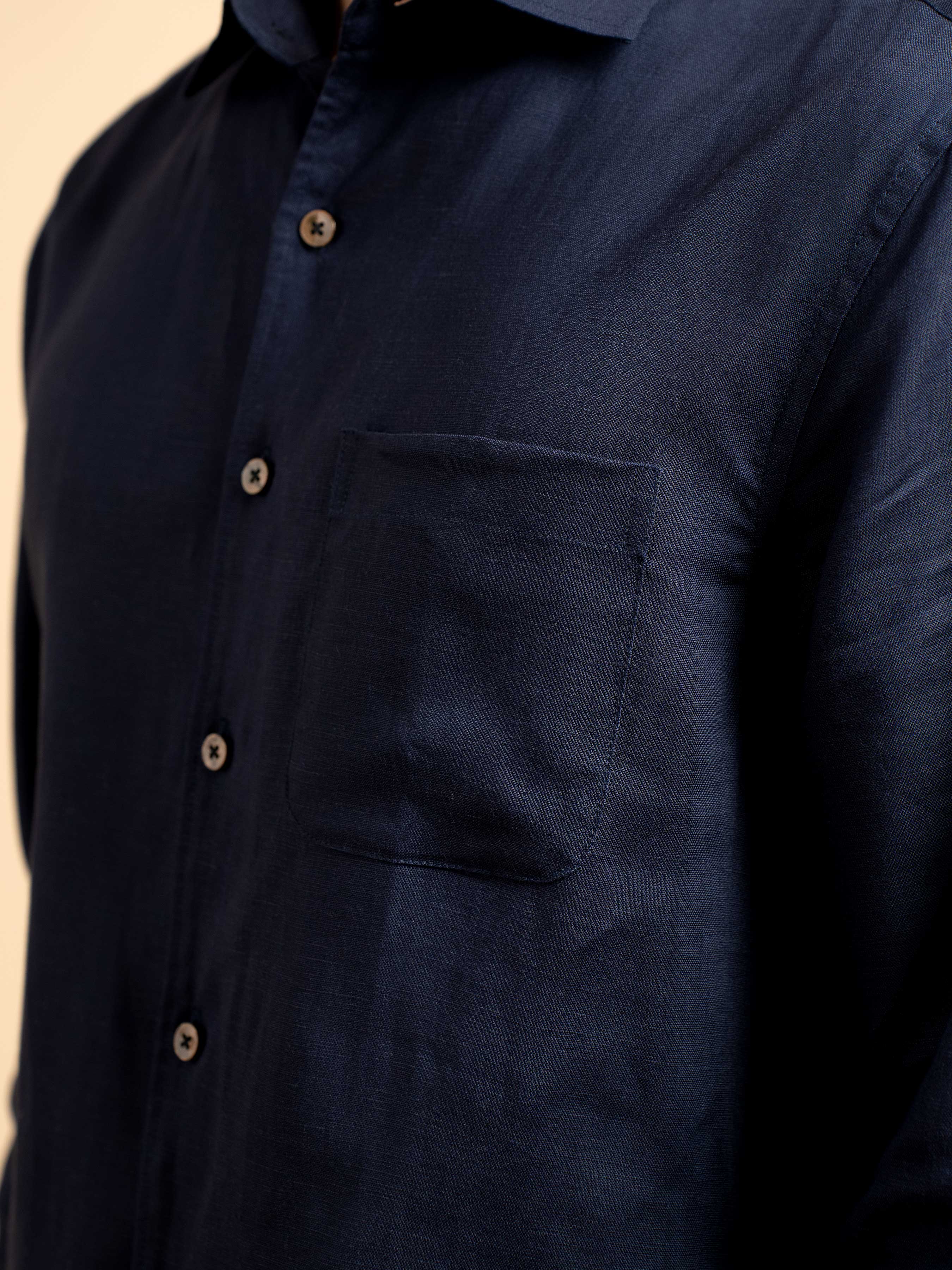 Vance Linen Shirt - Navy Blue Windsor Collar