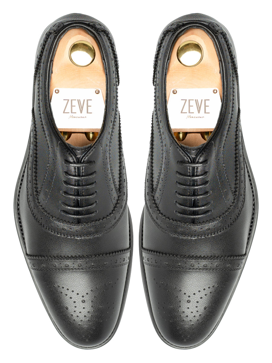 ViranoSemiBrogueSolidBlackLeather_StudSole_Top - Zeve