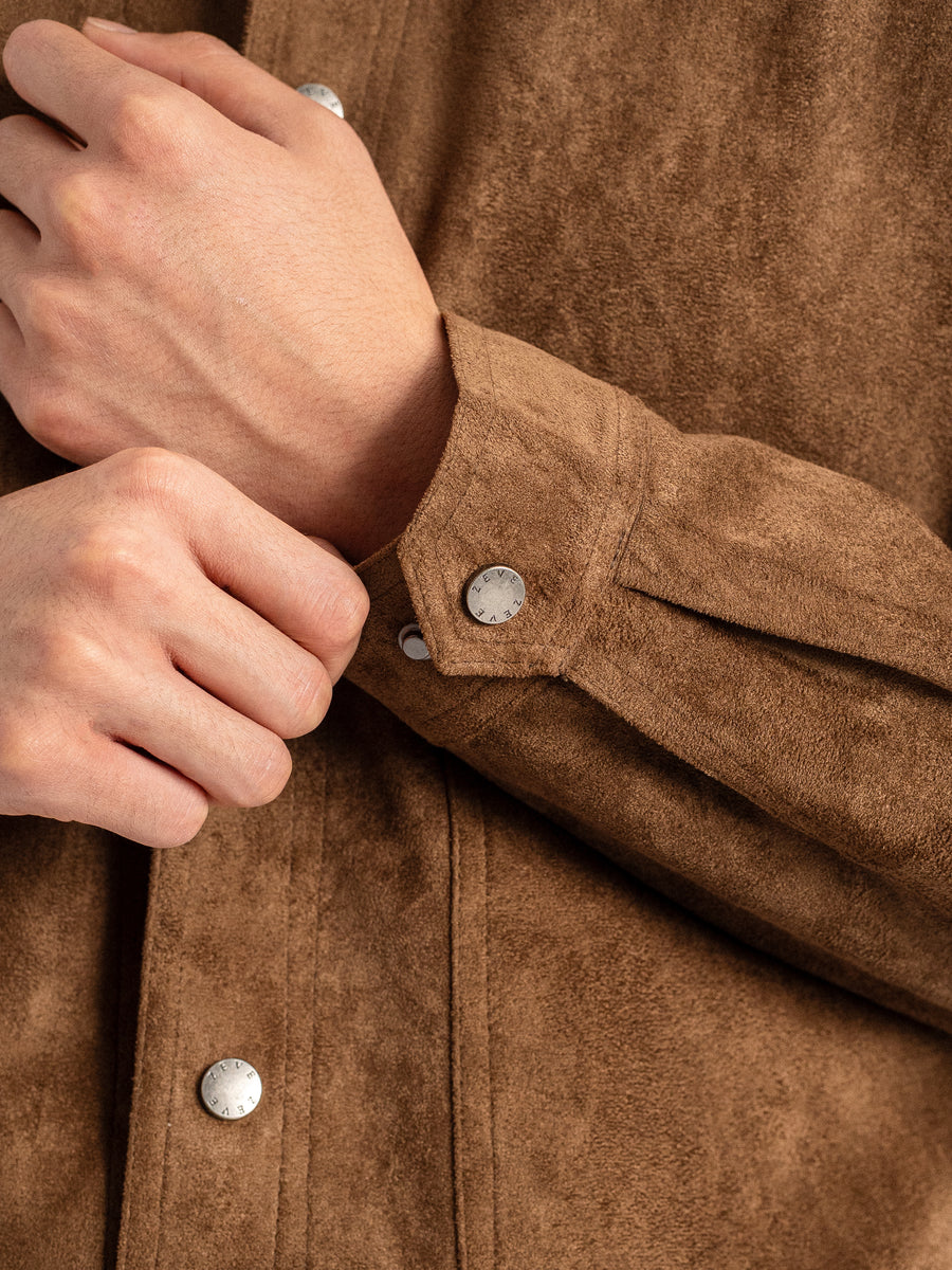 Brown suede men's shirt with branded buttons, styled for formal or casual wear
