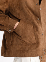 Brown suede men's jacket with snap buttons and front pockets, stylish casual outerwear