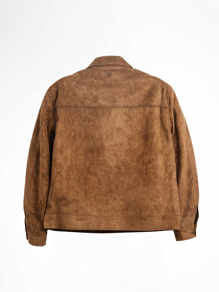 Brown suede men's jacket with embroidered logo, stylish casual outerwear for Malaysia fashion